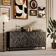 62.4''Vintage Carved Sideboard Mid Century Storage Cabinet Geometric Texture Bold Relief Artistic Statement